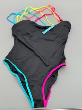 Popvil Beach Black Ribbed One Piece Swimsuit Rainbow Neon Strappy Back NWT XL